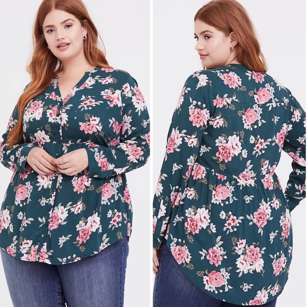 Torrid EMMA FLORAL CHALLIS BABYDOLL TUNIC Green 2X